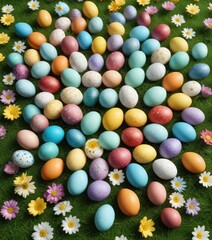 Obraz premium A handful of colored Easter eggs arranged in a pattern on a green lawn with blooming flowers, easter eggs, floral pattern