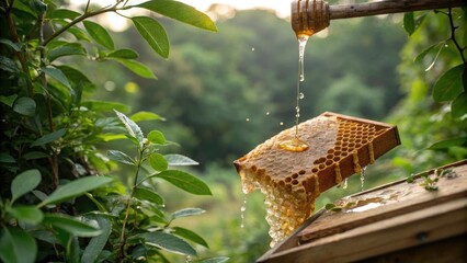 A honeycomb filled with dripping honey and surrounded by lush greenery, natural fibers, wooden frame