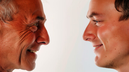 Son and father look at each other on a white background. Europeans