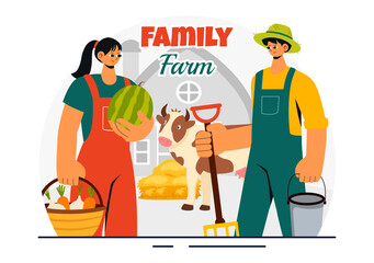 Family Farm Vector Illustration Featuring a Mother and Father Working on a Farm in a Rural Countryside Landscape with a Flat Style Cartoon Background