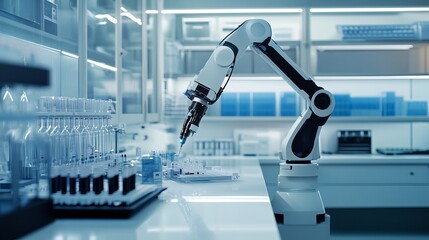 A robot conducting research in a high-tech genetics lab with advanced genetic sequencing equipment and clean workstations, Genetics tech style, photo of