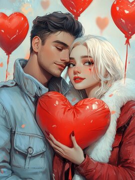valentines day animi couple with red love heart.