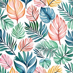  Playful seamless pattern featuring pastel colored tropical leaves