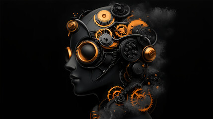 Steampunk Woman Head with Gears and Smoke