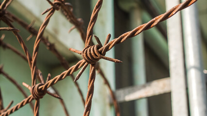 Close-up of rusty barbed wire with intricate metal patterns