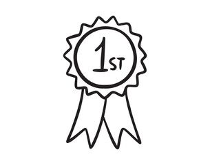 First place, winner reward, rosette hand drawn doodle icon. Medal number 1 icon Simple vector sign.