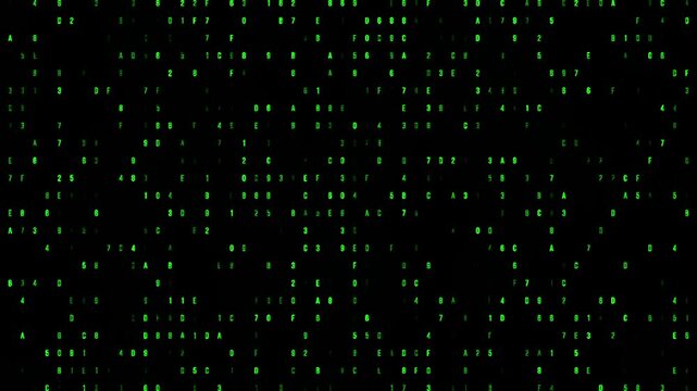 Vivid green binary matrix with scattered alphanumeric code on a black background featuring a futuristic tech design, ideal for cyber and digital themes
