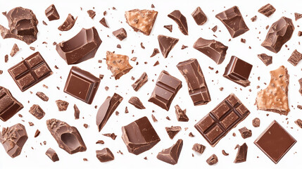 Chocolate bar pieces set isolated on white background. Vector realistic illustration of 3d chunks of milk or dark sweets, broken square candy made of cocoa, bitter dessert ingredient, diet snack