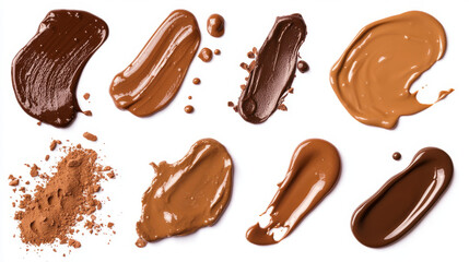 Fototapeta premium Chocolate strokes, brown white liquid smears, ganache sauce or syrup stains and melt smudges isolated on white background. Sweet food, dark choco traces design elements of realistic texture, 3d vector