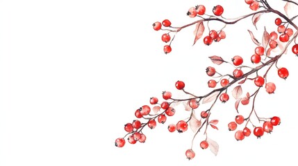 Watercolor Painting of Red Berries on Branch