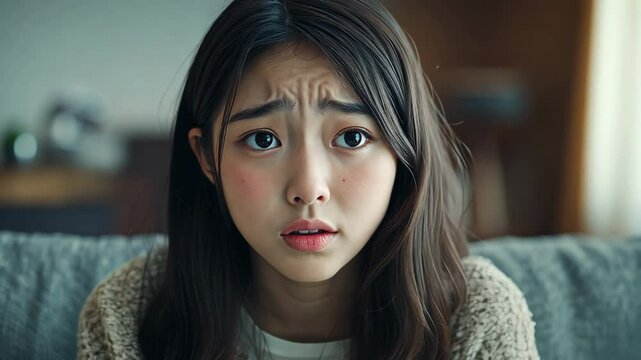 Pushing between out of focus parents towards Asian teenage girl looking concerned after she tells her parents she may be pregnant.