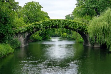 Fototapeta premium Ancient ivy-covered stone bridge over gentle river lush greenery nature photography tranquil landscape serene viewpoint