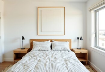 Trendy Modern Teen Boys Room with Floating Canvas Art, Light Oak Side Tables, and Stylish Morning Light