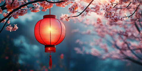 Obraz premium A red lantern glows warmly indoors, surrounded by soft lighting and cherry blossoms visible through a nearby window. The scene captures a serene and festive celebration.
