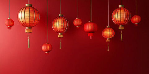 A red backdrop adorned with lanterns and festive decorations creates a vibrant Chinese New Year ambiance. Gold accents and warm lighting bring the celebratory spirit to life.