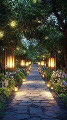 Fototapeta premium Enchanting evening garden pathway with glowing lanterns and blooming flowers serene outdoor setting captivating atmosphere