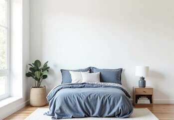 Fototapeta premium Modern Kids Bedroom Design in Malibu with Large White Wall as Focal Point, Navy Bed, Soft Blue and Grey Accents, and Lively Atmosphere Filled with Kids Books 