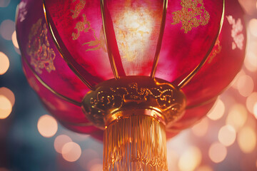 Intricately patterned red and gold lanterns glow softly, suspended against a blurred backdrop of...