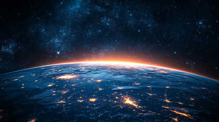 Fototapeta premium View of Earth from space showcasing glowing city lights and atmosphere at twilight