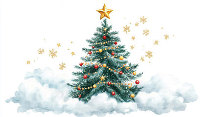 Fototapeta premium A watercolor illustration of a Christmas tree adorned in red and gold decorations, glowing with festive charm. Surrounded by white fluffy clouds and shining yellow lights, it radiates holiday joy.