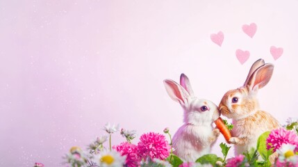 Fototapeta premium Adorable Rabbits Sharing a Carrot Surrounded by Colorful Flowers and Hearts in a Romantic Spring Setting