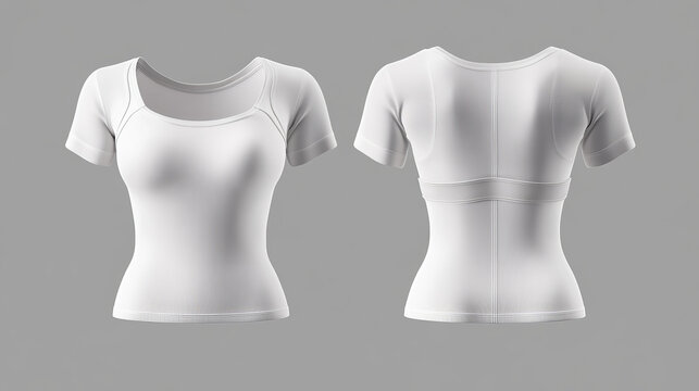 Women t-shirt white mockup front rear view. Blank template female clothes, 3D set realistic vector isolated illustration, short sleeve and strap top, bustier with cups