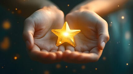 Hands gently holding a radiant golden star