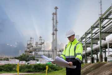 engineer foreman wearing safety helmet holding and looking down at blueprint working in oil refinery industry plant background..