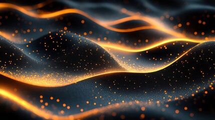 Abstract Dark Orange and Black Glowing Wave Particles Background