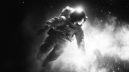 Fototapeta premium Astronaut floats in the vastness of space surrounded by distant stars and cosmic clouds