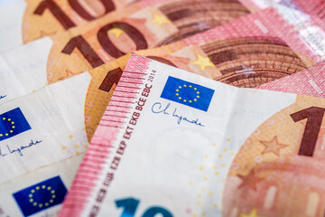Close-Up of Euro Banknotes Featuring 10 Euro Bills with European Union Flag