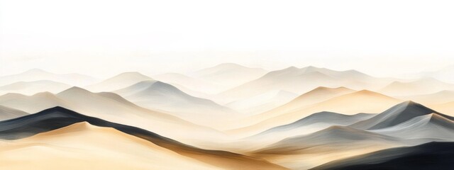 Soft pastel watercolor abstract art of beautiful minimalist mountain peak landscape with golden lines on white background