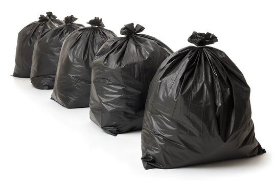 A pile of large black bags of garbage