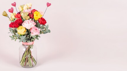 Naklejka premium Vibrant Mixed Flower Bouquet in Glass Vase with Decorative Hearts on Stems for Celebrations and Special Occasions