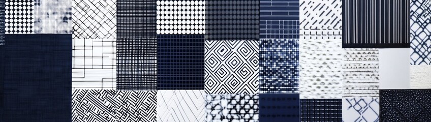 Vintage geometric square mosaic motif cement tiles background in blue, gray, and white hues, bright and retro vibes