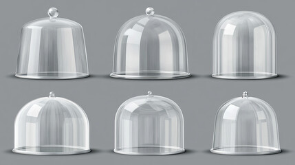 Glass or clear plastic domes different shapes. Vector realistic mockup of empty protection cover, acrylic bell jar. Round, cone and cylinder exhibition display cases isolated on transparent background