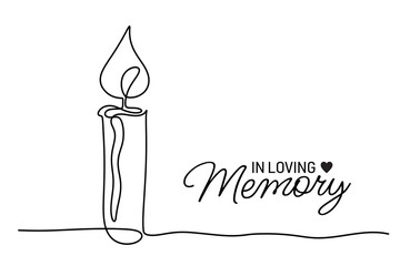 Minimalist condolence card with one continuous line burning candle and text lettering - in loving memory. Funeral cursive calligraphy, memorial card