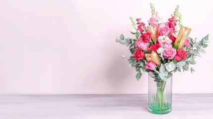 Fototapeta premium Beautifully Arranged Bouquet of Pink Roses and Snapdragons in a Glass Vase with Soft Background