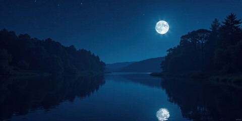 Fototapeta premium Serene Nighttime Lake Scene Under a Full Moon's Glow, Silhouetted Trees Reflecting on Tranquil Waters