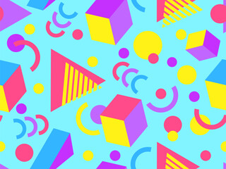 Geometric seamless pattern with memphis elements in 80s style. Colorful geometric 3D figures in isometric style. Design of promotional products, wrapping paper and printing. Vector illustration