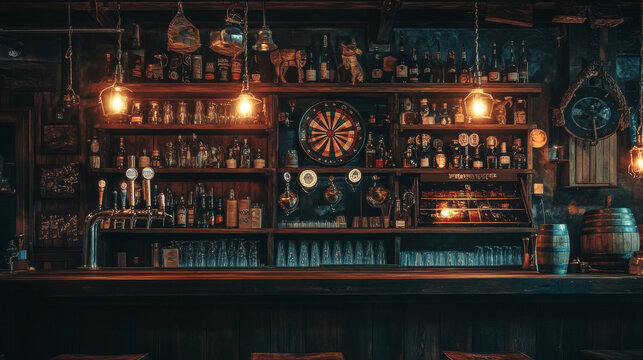 Old tavern, vintage pub with wooden bar counter, shelf with bottles, glow lanterns and beer mug on table. Vector cartoon empty interior of retro saloon with barrel and darts target at night