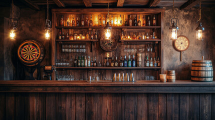 Old tavern, vintage pub with wooden bar counter, shelf with bottles, glow lanterns and beer mug on table. Vector cartoon empty interior of retro saloon with barrel and darts target at night