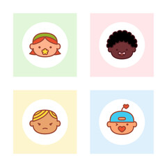 Avatars set of boys and girls of different ethnicities. Funny portraits of preschool children. Cute Children avatar collection. Babies with pacifiers. Kindergarten kids with various accessories