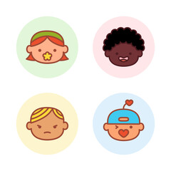 Fototapeta premium Set of children avatars with different emotions. Multi ethnicity children. Preschool age children portraits. Funny avatars for children. Babies with pacifiers. Vector flat illustration
