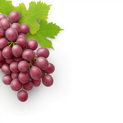 Ripe grapes and grape slices with green leaves arranged on white background. Grapes wallpaper, banner