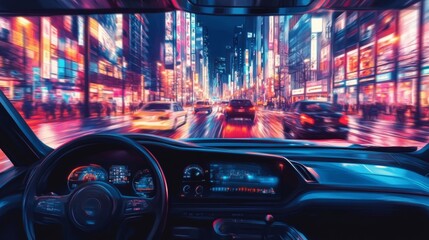 Self-driving autonomous cars move along a suburban traffic intersection in the evening. Neon HUD elements visualize the interaction of driverless cars connected to a common network	

