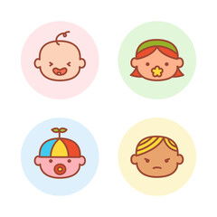 Flat children faces set. Flat preschool kids avatars. Boys and girls smiling portraits with different hairstyles and ethnicity. Happy kids avatars. Children smiling, boy girl in rounds vector set