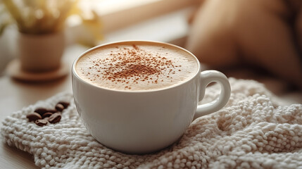 Obraz premium a cup of hot chocolate latte on a white blanket