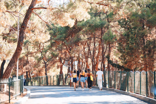 group of people walking on the road in princes islands. tourists in a park in istanbul