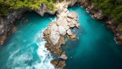 Aerial View of Turquoise Water Surrounding Coastal Rocks
